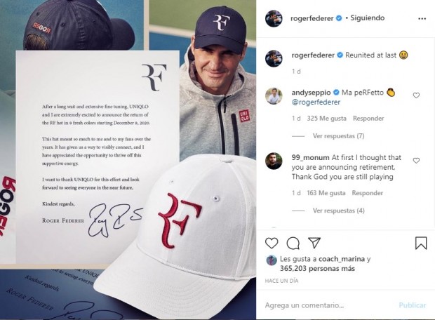 Roger Federer recuperó la indumentaria con su logo "RF" / www.instagram.com/rogerfederer