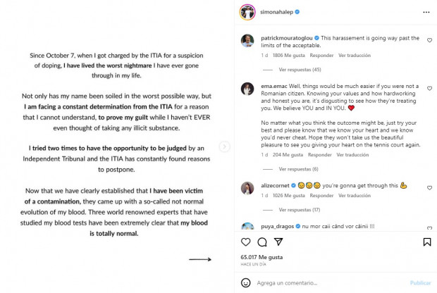Sin embargo, la tenista denunció que "está siendo acosada" y denunciada por un delito que no cometió / www.instagram.com/simonahalep