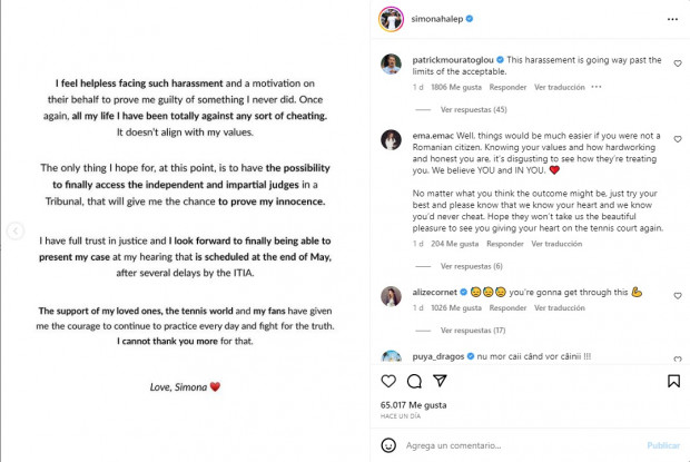 En ese sentido, en relación al doping positivo de 2022, intentará demostrar en una audiencia que fue "víctima de contaminación" / www.instagram.com/simonahalep
