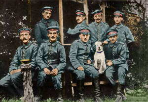 A unit of German soldiers during World War I with a young Adolf Hitler supposedly on the left.