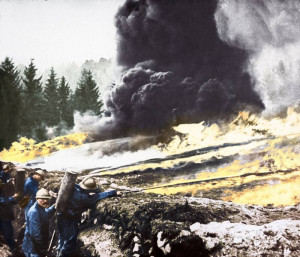 French soldiers launch gas and flame attacks against German troops in Flanders, Belgium.