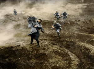 French soldiers on the battlefield during an offensive on the French fortress of Verdun.