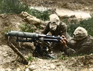 Gas-masked men of the British Machine Gun Corps with a Vickers machine gun during the first battle of the Somme. It was the first instance of chemical weaponry use.