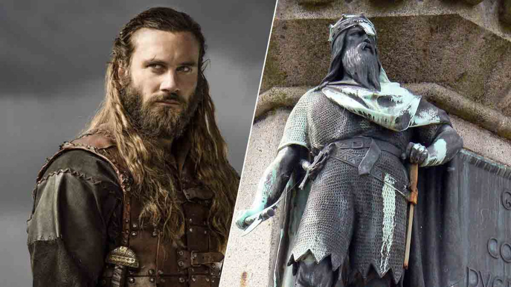 Rollo, el personaje de la serie "Vikingos" y la estatua del personaje histórico real.