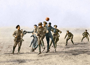 Soldiers playing football in no man’s land during The Christmas Truce, a series of unofficial ceasefires along the Western Front of World War I around Christmas 1914.