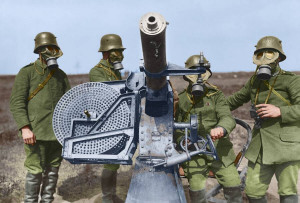 Soldiers with anti-aircraft gun during a battle in the First World War.