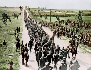 Thousands of German soldiers arriving at a prisoner of war camp.