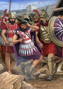Ilustración que recrea el momento en que Filipo II de Macedonia es herido en su ojo derecho por una flecha.  