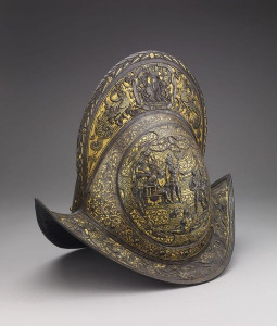 Morrión español de hierro con incrustaciones de oro, elaborado en 1550.