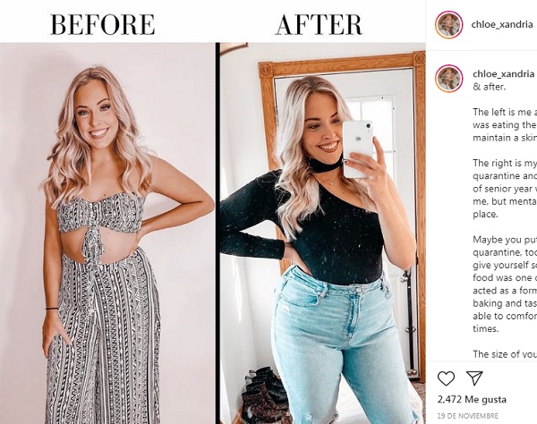 Influencer mostró cuánto subió de peso durante el confinamiento y