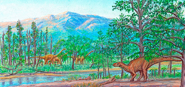 Foto: Ilustración de los dinosaurios que vivieron en Cerro Guido. /inach.cl