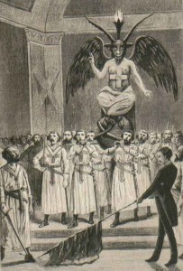 Ilustración que recrea a un grupo de masones adorando a Baphomet.