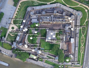 Mapa detallando los lugares de la Torre de Londres donde se han avistado supuestos fantasmas. 