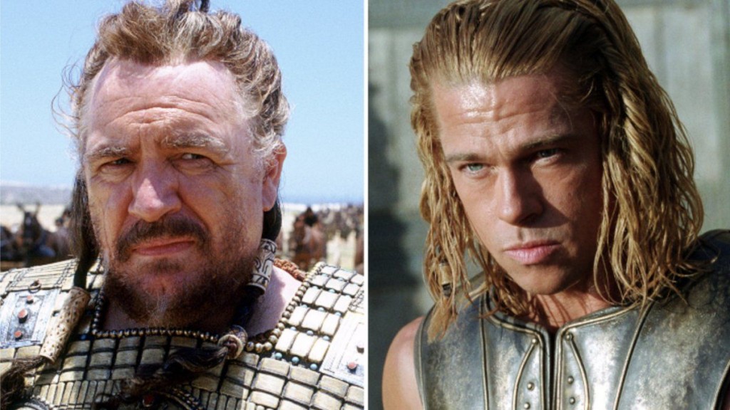 Brian Cox (Agamenón) y Brad Pitt (Aquiles), dos de los protagonistas de la película "Troya".