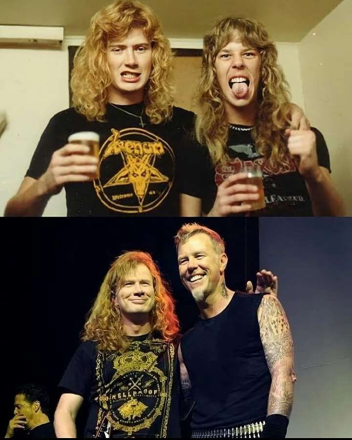 Dave Mustaine y James Hetfield, vocalista y líder de Metallica, en 1982 y el 2011.