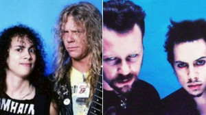 El guitarrista Kirk Hammett y el cantante James Hetfield antes y después de sus polémicos cortes de pelo en los años 90'.