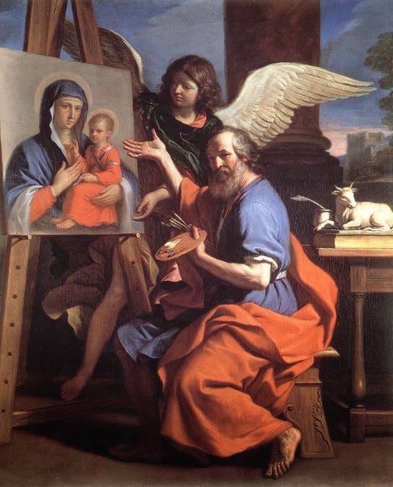 Pintura que representa a San Lucas pintando a la Virgen María y al pequeño niño Dios.
