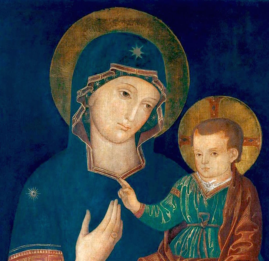 Vista entera de la pintura de la Virgen de la Consolata y el niño Jesús, cuyo autor según la tradición católica sería San Lucas.