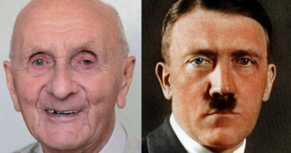El rostro del anciano Herman Guntherberg contrastado con la faz de Adolf Hitler. 