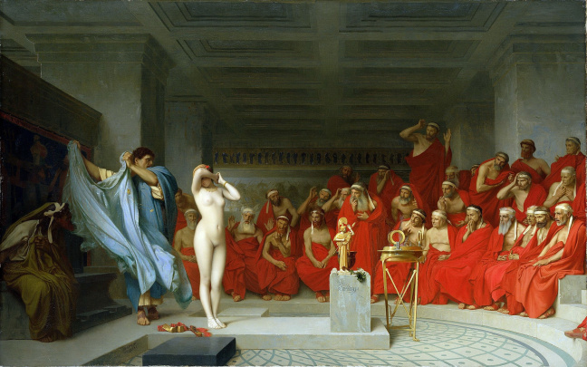 "Praxíteles desnuda a Friné ante el Areópago", cuadro del pintor Jean-Léon Gérôme (1861).