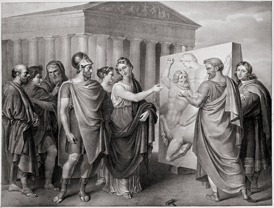 Cuadro que representa a Aspasia y Pericles admirando una pintura en una calle de Atenas. 