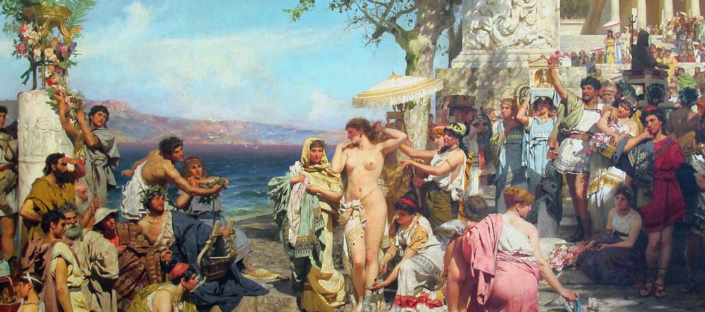 "Friné se dispone a bañarse en la playa de Eleusis", cuadro del pintor Henryk Siemiradzki (1889).
