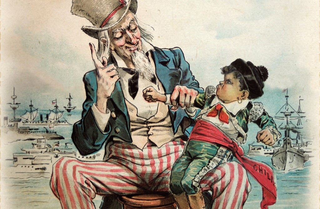 Caricatura satírica publicada en enero de 1892 por la revista norteamericana Puck,  que muestra al Tío Sam, personificación nacional de los Estados Unidos de América,  amenazando con castigar a un pequeño Chile.
