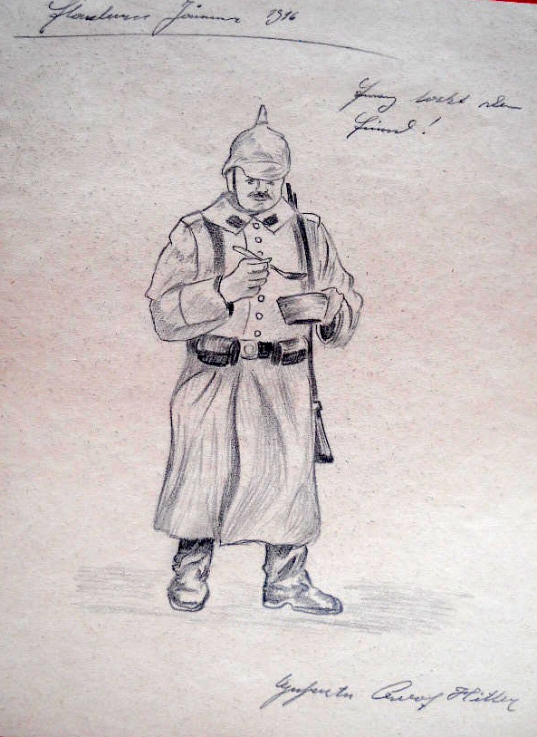 Dibujo de Adolf Hitler de un soldado de infantería alemán, usando el típico casco prusiano.