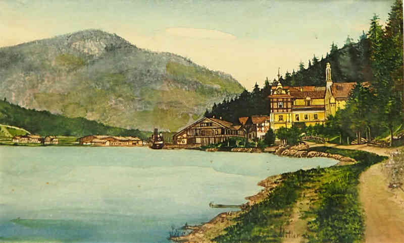Villa a un costado de un lago en las montañas, cuadro atribuido a Adolf Hitler.