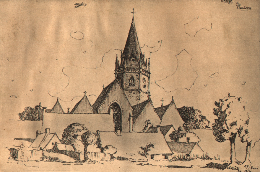 Iglesia de Ardoyes, Flandes. Este dibujo fue realizado por Adolf Hitler en 1917.