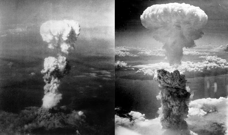 Las dos nubes de hongo atómico que se levantaron tras los ataques nucleares a Hiroshima y Nagasaki.