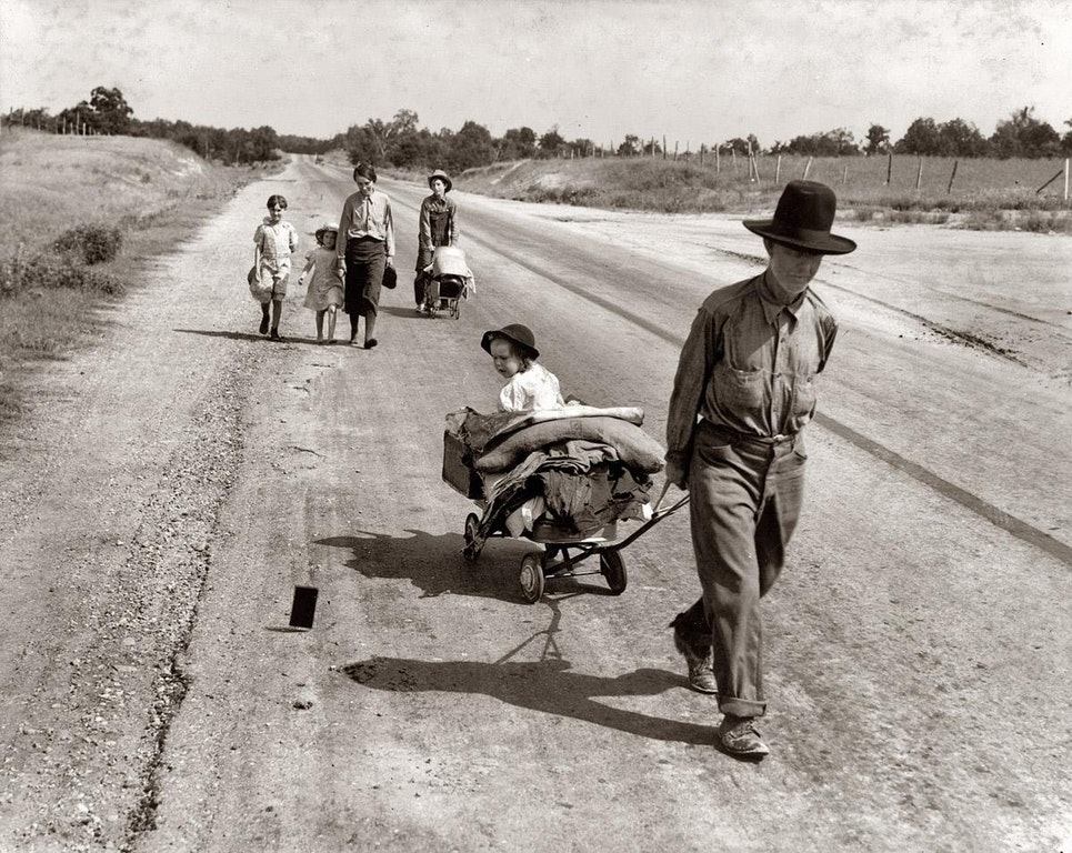 A family is forced to leave their home during the Great Depression, Pittsburg County, Oklahoma, June, 1938