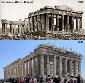 El Partenón de la Acrópolis de Atenas (Grecia) en 1875 y en la actualidad.