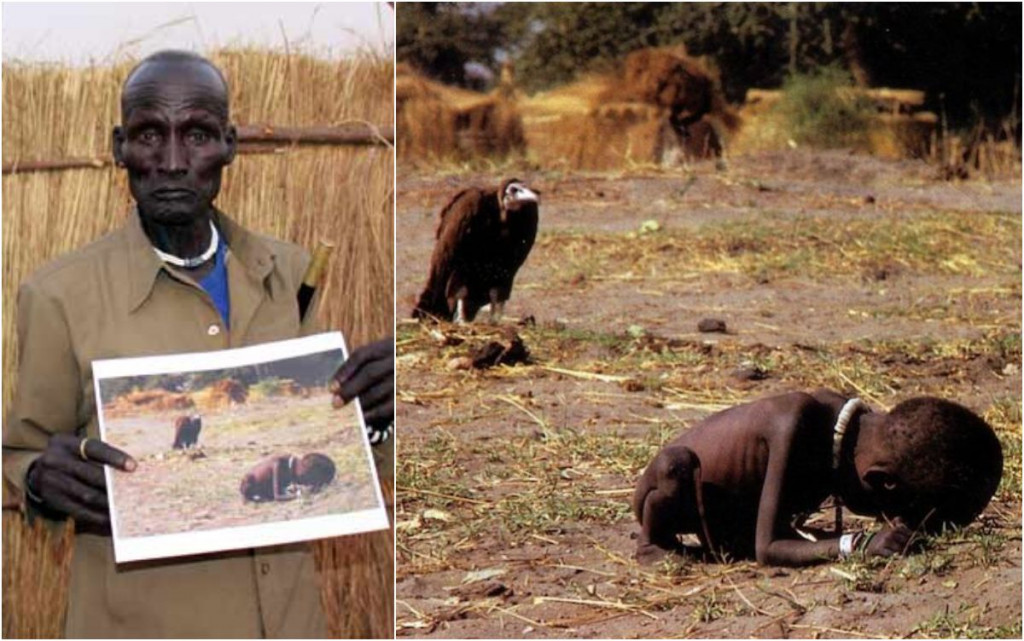 El padre del pequeño Kong Nyong junto a la foto que conmovió al mundo en 1993.