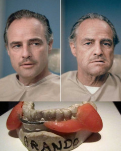Marlon Brandes antes y después de su soberbio trabajo de caracterización -ayudado por una prótesis bucal- del jefe mafioso Vito Corleone en la película "El Padrino".