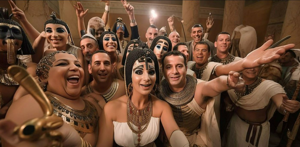  Imagen computacional de La reina egipcia Cleopatra, rodeada de su séquito y posando en un imposible 'selfie' de la Antigüedad. 