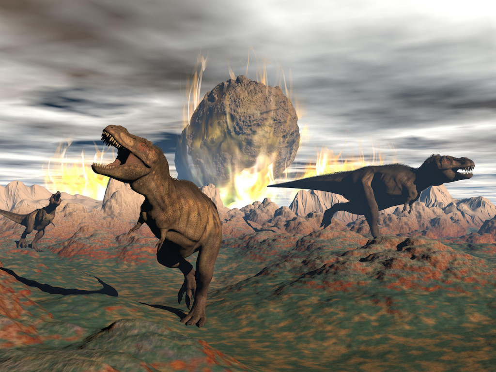 Tyrannosaurus Rex dinosaurs escaping the heat and fire of a big meteorite crash.