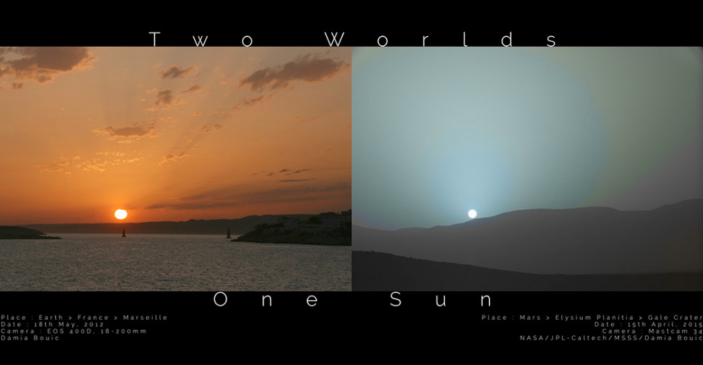 Dos mundos y el mismo sol. Una puesta en sol en la Tierra, contrastada con una puesta de sol en el planeta Marte.