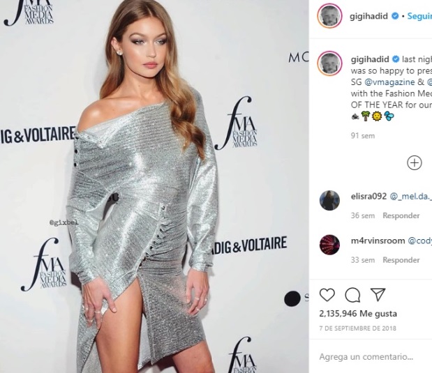 5.- Gigi Hadid, Fashion Media Award 2018