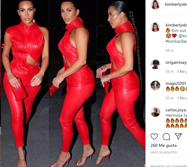 Kim Kardashian luce original blusa de cuero rojo y pantalones al tono -  Guioteca