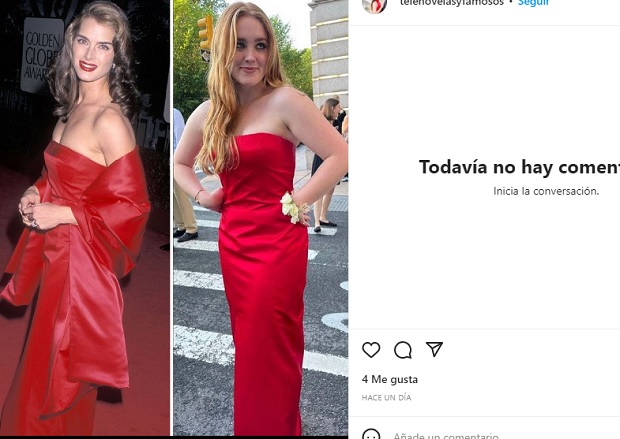 Rowan Henchy, hija de Brooke Shields, sorprendió a muchos hace dos años al llegar a un evento con un elegante vestido rojo satinado con escote palabra de honor que su mamá vistió para acudir a los Globos de Oro en 1998.