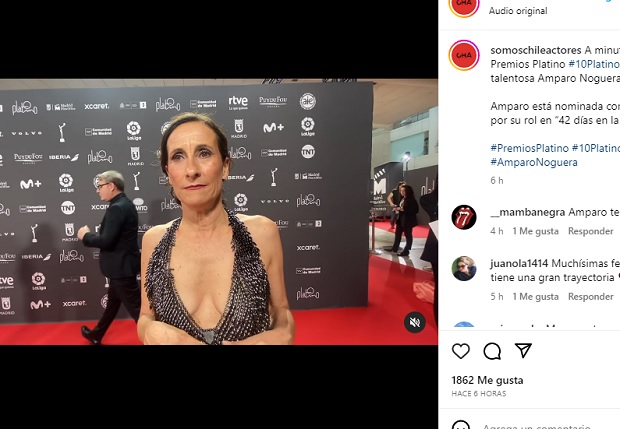 Otra emblemática actriz chilena, Amparo Noguera, nominada a Mejor Interpretación Femenina de reparto en Miniserie o Teleserie, también por su rol en la misma producción de Netflix, eligió un vestido largo gris de satín en la parte del faldón y con un amplio escote en V.
