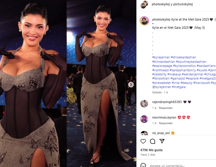 Kylie Jenner chose a dramatic structured dress, which complemented with long gloves, a satin corset and a double layer that reached the ground.