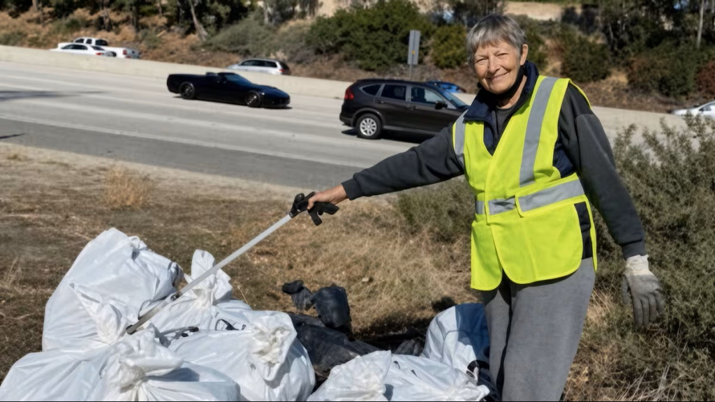 Mujer recoge basura mientras camina