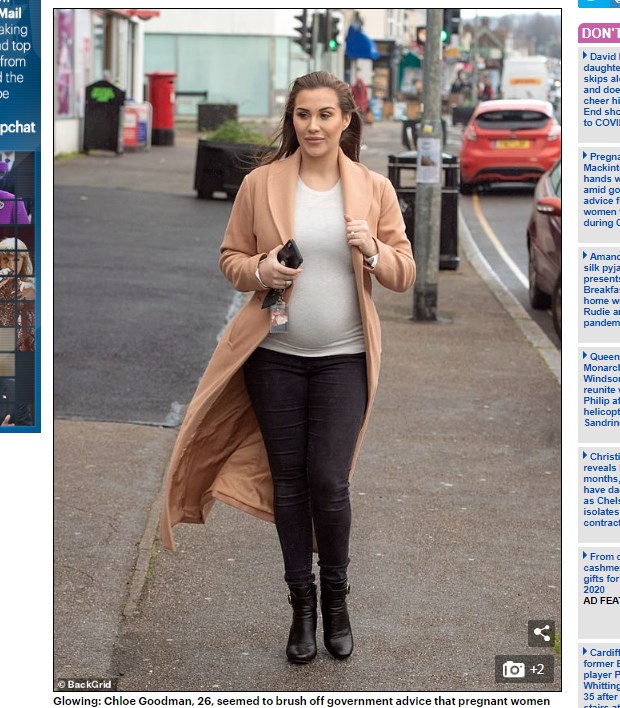 La exmodelo Chloe Goodman fue vista en la calle, desoyendo indicaciones de cuarentena por estar embarazada / Captura www.dailymail.co.uk