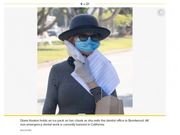 Diane Keaton fue captada al salir del dentista, visiblemente adolorida / Captura pagesix.com