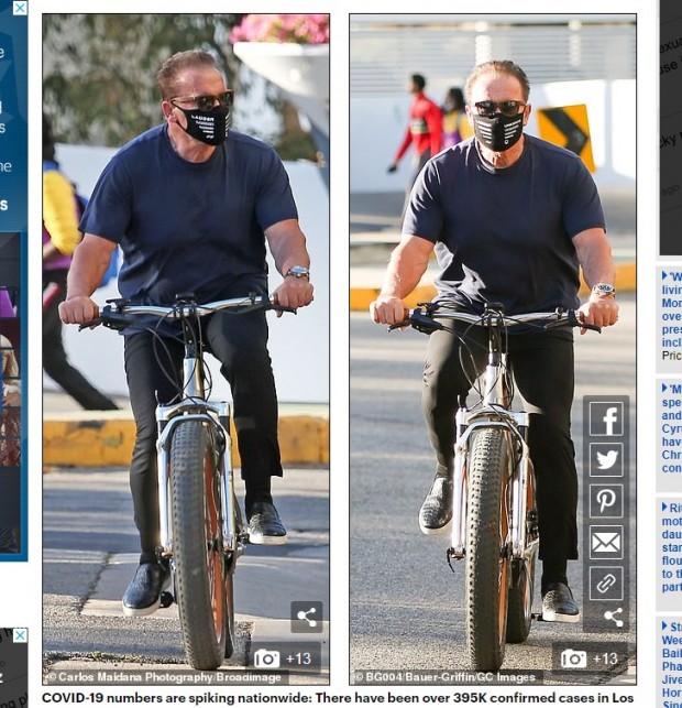 Arnold Schwarzenegger, captado en su bicicleta eléctrica en Santa Mónica / Captura www.dailymail.co.uk