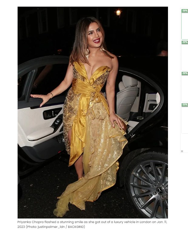 La reconocida artista india los sorprendió a todos con este vestido dorado / Captura hollywoodlife.com