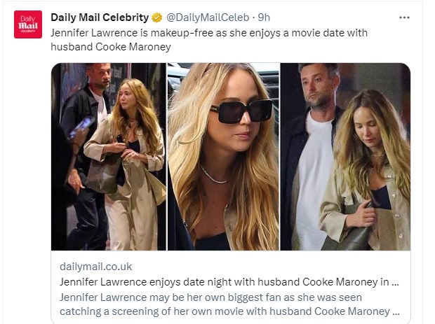 Jennifer Lawrence fue fotografiada yendo a ver su propia película sin una gota de maquillaje; junto a ella estaba su marido / Captura twitter.com/DailyMailCeleb