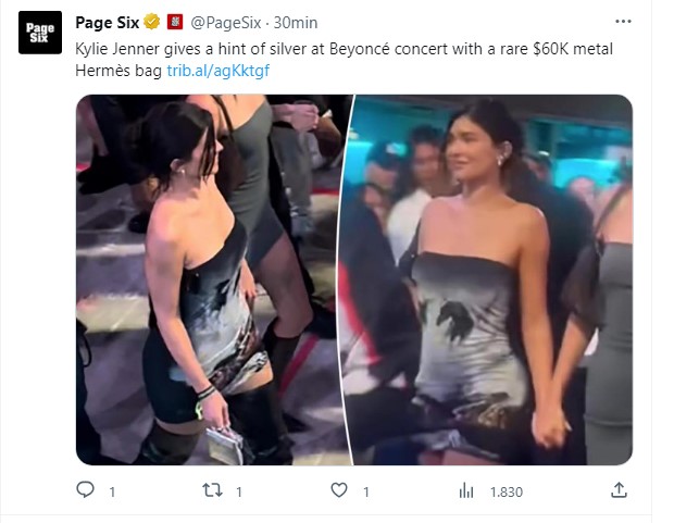 Kylie Jenner, fotografiada en un concierto de Beyoncé con una cartera de US$ 60 mil / Captura twitter.com/PageSix